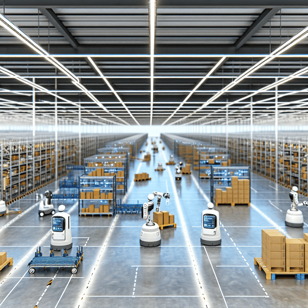 Vue d’un entrepôt logistique automatisé avec des robots mobiles (AMR), des convoyeurs intelligents et des rayonnages automatisés en action, illustrant la transformation digitale et technologique du secteur logistique face aux exigences du e-commerce – optimisation des flux, rapidité d’exécution, réduction des erreurs et amélioration de la productivité.