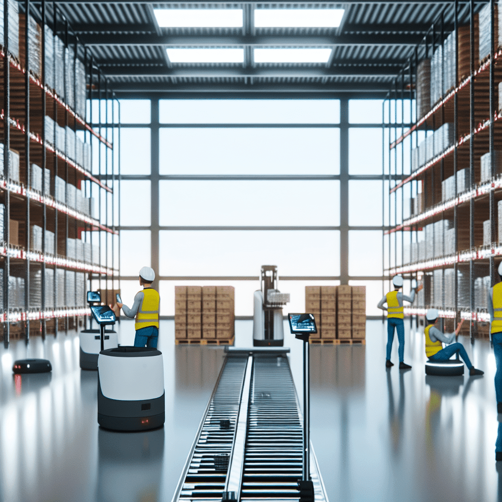 Illustration représentant une chaîne logistique automatisée et digitalisée avec entrepôt moderne, robots de manutention, écrans de suivi des données en temps réel et collaborateurs analysant les KPI logistiques, symbolisant l’efficience logistique, l’optimisation de la supply chain et la performance durable des entreprises – mots-clés SEO : efficience logistique, digitalisation supply chain, automatisation entrepôt, performance logistique, stratégie logistique entreprise.