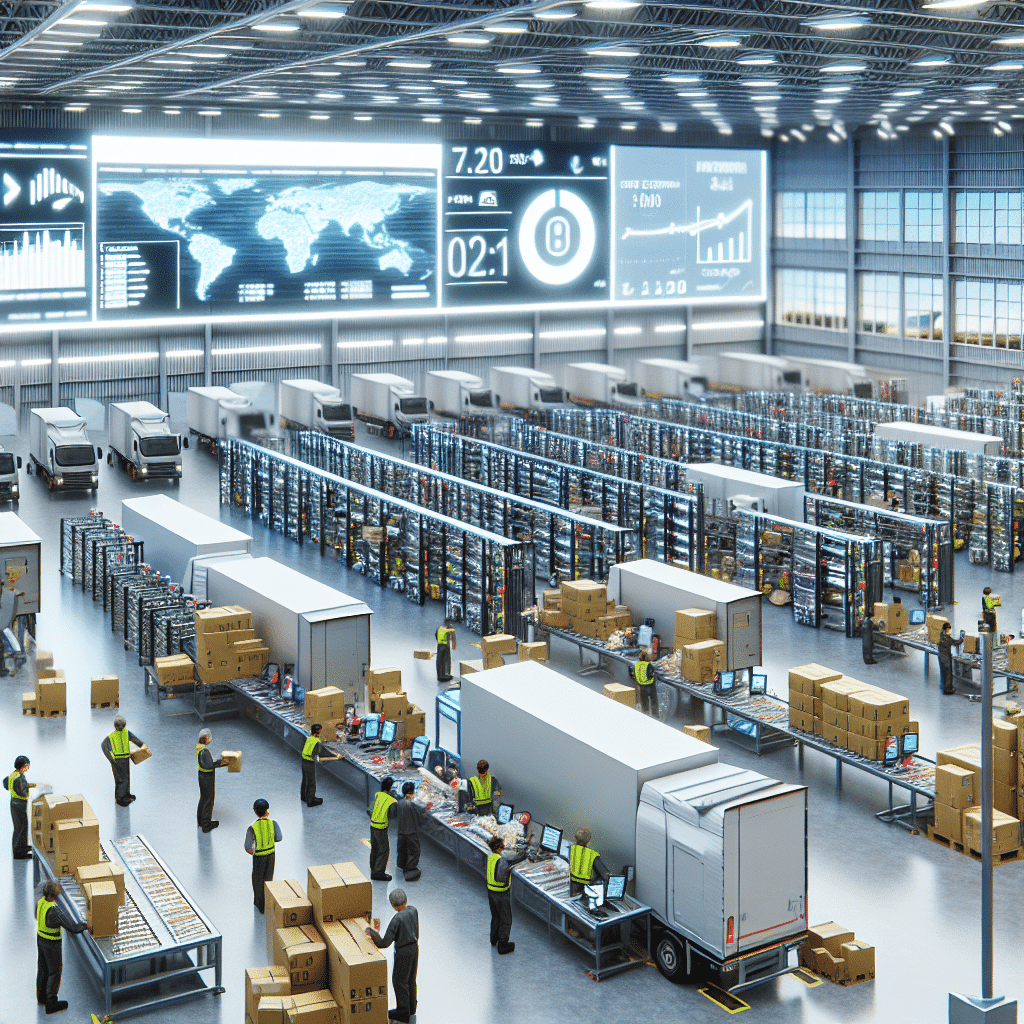 Illustration représentant une chaîne logistique omnicanale moderne, avec des flux de commandes connectés entre entrepôts, magasins physiques, e-commerce et mobile. L’image montre un Order Management System (OMS) orchestrant en temps réel les livraisons, la gestion des stocks et l'exécution multi-canaux, symbolisant l'agilité et la transformation digitale de la supply chain pour répondre aux attentes des consommateurs omnicanaux. Visuel optimisé pour illustrer la digitalisation logistique et l’automatisation des processus dans un contexte de commerce omnicanal.