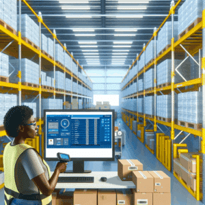 Visuel illustrant l'intégration entre PrestaShop et un système WMS : interface e-commerce connectée à un entrepôt logistique automatisé, symbolisant la synchronisation des stocks, la gestion optimisée des commandes et la performance multicanale du e-commerce moderne.