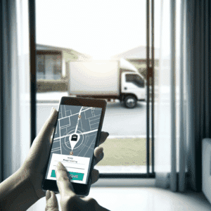 Illustration montrant un smartphone affichant l’interface de suivi d’un colis en temps réel, avec des notifications de livraison, une carte GPS et un statut de progression, symbolisant l’importance stratégique du tracking dans la logistique moderne et l’expérience utilisateur en e-commerce.