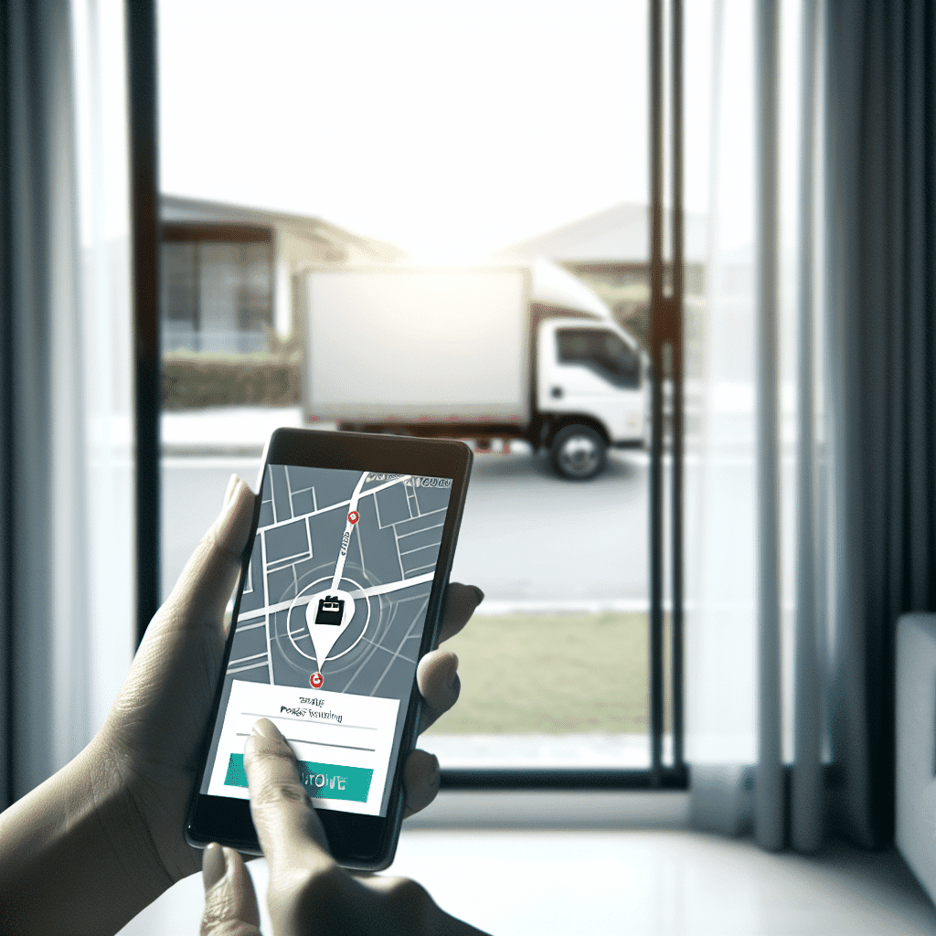 Illustration montrant un smartphone affichant l’interface de suivi d’un colis en temps réel, avec des notifications de livraison, une carte GPS et un statut de progression, symbolisant l’importance stratégique du tracking dans la logistique moderne et l’expérience utilisateur en e-commerce.