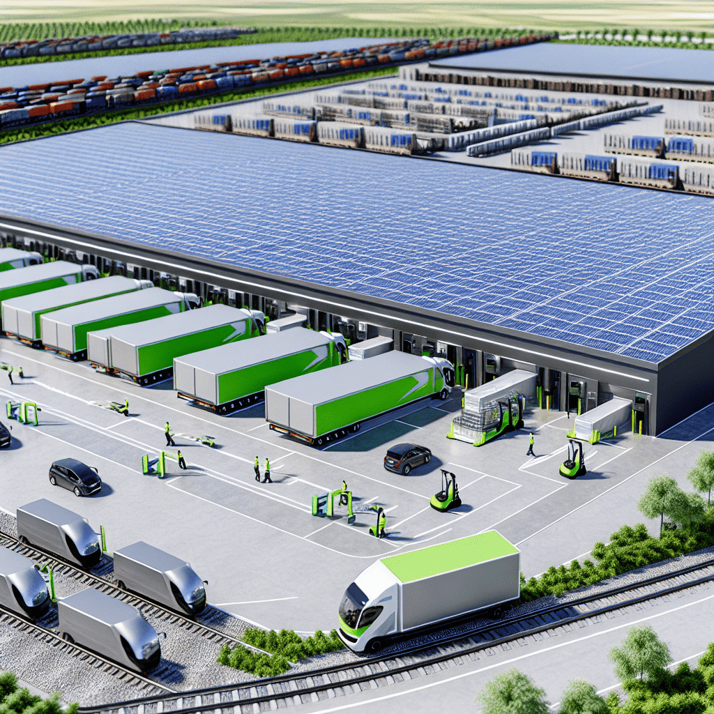 Logistique verte : un entrepôt moderne avec des véhicules électriques et des palettes en matériaux recyclés, symbolisant l’optimisation des flux et la réduction de l’empreinte carbone.