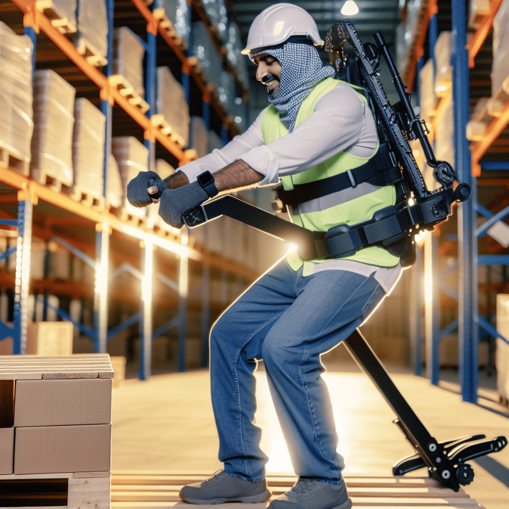 Ergosquelette en logistique : un travailleur équipé d’un exosquelette ergonomique soulève une charge dans un entrepôt moderne. L’innovation technologique réduit l’effort musculaire et prévient les troubles musculo-squelettiques (TMS), améliorant ainsi le bien-être des employés et la productivité des entreprises du secteur.