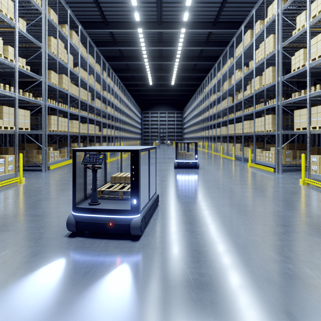 Véhicule autoguidé (AGV) automatisé circulant dans un entrepôt logistique, optimisant le transport des marchandises grâce aux technologies de guidage avancées. Illustration de l'automatisation en logistique avec des AGV réduisant les erreurs et augmentant la productivité.