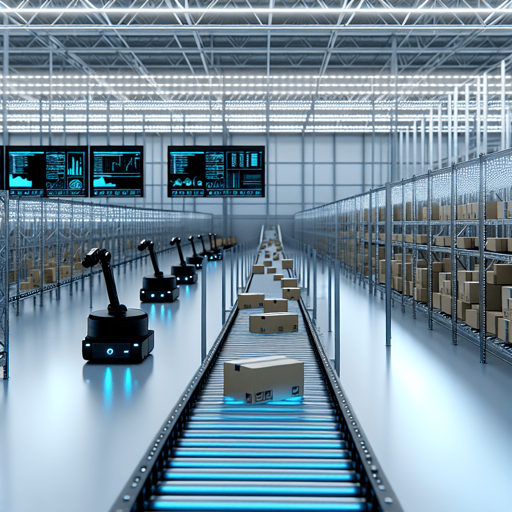 Entrepôt automatisé avec convoyeurs, transstockeurs et robots mobiles pilotés par un Warehouse Control System (WCS) optimisant la gestion des flux logistiques en temps réel.