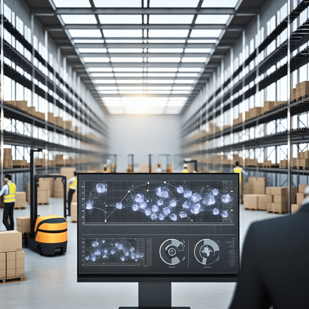 Visuel illustrant l'impact du Big Data sur la supply chain : représentation graphique d'un réseau logistique optimisé par l'analyse des données en temps réel, avec des flux de transport, des entrepôts connectés et des algorithmes prédictifs améliorant la gestion des stocks.