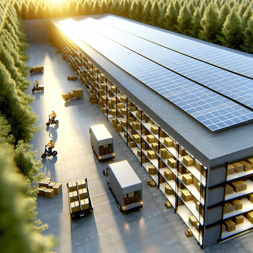 Logistique durable et e-commerce : illustration montrant un livreur à vélo cargo dans un environnement urbain, symbolisant une alternative écologique aux livraisons traditionnelles. En arrière-plan, des entrepôts modernes et des points de retrait illustrent des solutions comme les centres de micro-fulfillment et les consignes automatisées. L'image met en avant les enjeux d'une chaîne logistique responsable, réduisant l'empreinte carbone et optimisant la distribution des colis pour un commerce en ligne plus durable.
