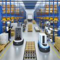 Illustration représentant une chaîne logistique moderne avec entrepôt automatisé, robots de manutention et véhicules de transport. L’image met en avant la digitalisation et l’optimisation des flux logistiques par l’automatisation et l’intelligence artificielle. Concept de gestion efficace des stocks et de coordination en temps réel pour améliorer la performance des entreprises.
