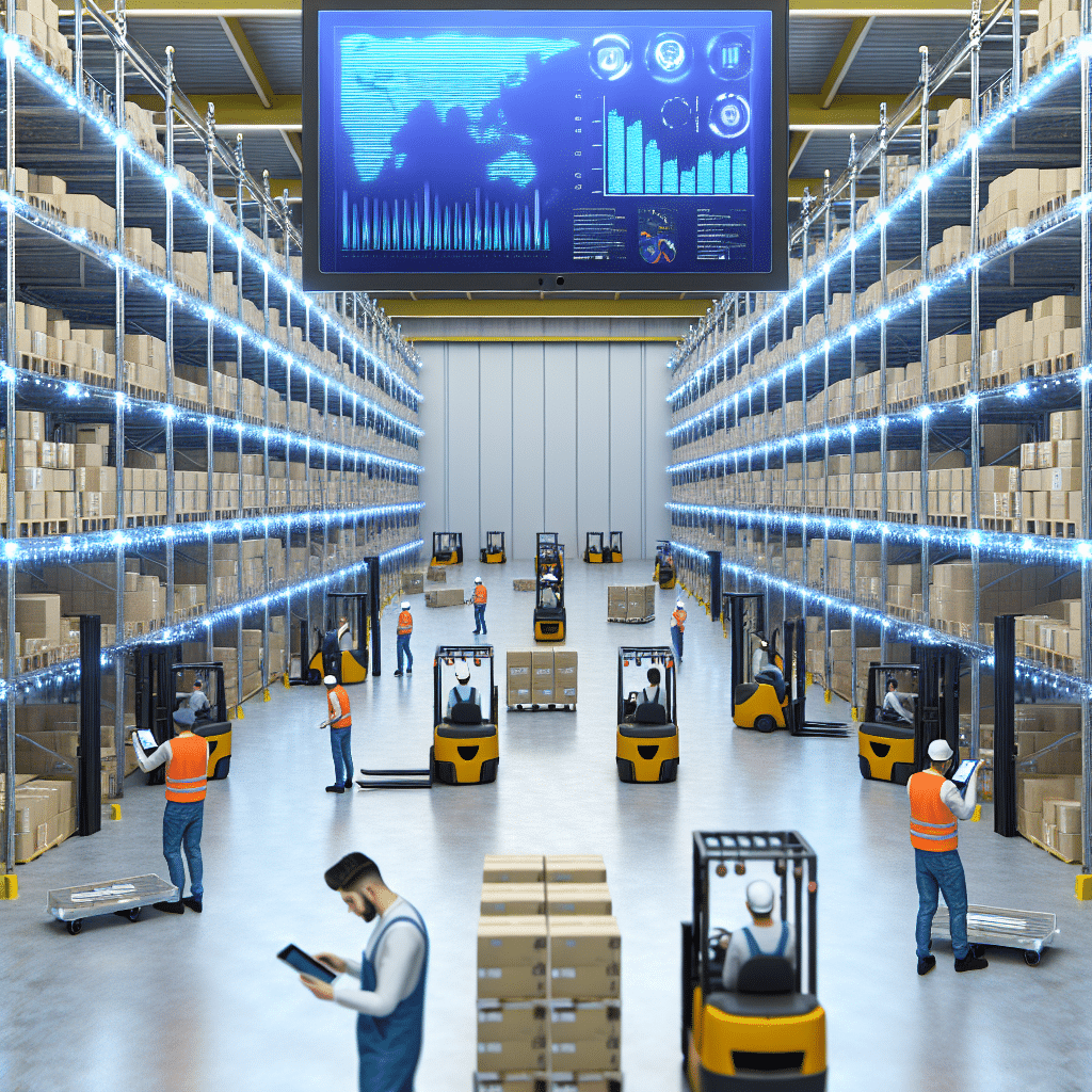 Visuel représentant l’intégration d’un logiciel d’approvisionnement et d’un système de gestion d’entrepôt (WMS) dans une chaîne logistique moderne avec une interface numérique affichant des bons de commande, des stocks en temps réel et des flux de marchandises automatisés, illustrant la digitalisation et l’optimisation des processus logistiques en entreprise.