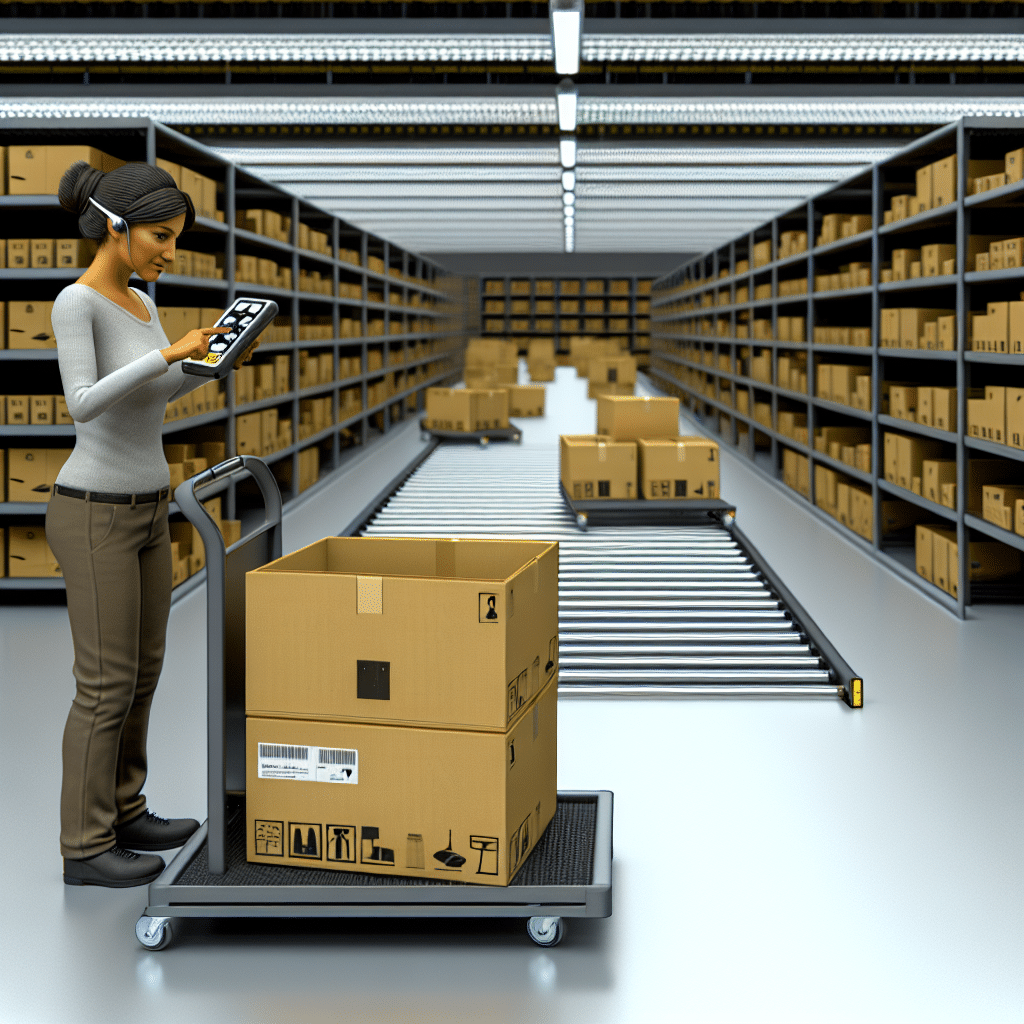 Visuel d’un opérateur logistique en entrepôt utilisant la méthode pick-to-box : il prépare directement les colis clients à l’aide d’un chariot manuel équipé de cartons d’expédition, guidé par un terminal mobile. L’image illustre l’optimisation du processus de préparation de commandes, avec digitalisation, réduction des déplacements et efficacité accrue, dans un environnement e-commerce moderne.