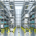 Vue d’un entrepôt logistique industriel équipé de rayonnages métalliques modulaires comprenant montants, lisses, échelles, étagères grillagées et protections de sécurité, illustrant l’organisation optimisée des stocks, la robustesse des structures de stockage et la signalisation claire pour la gestion efficace des flux et la sécurité des marchandises.