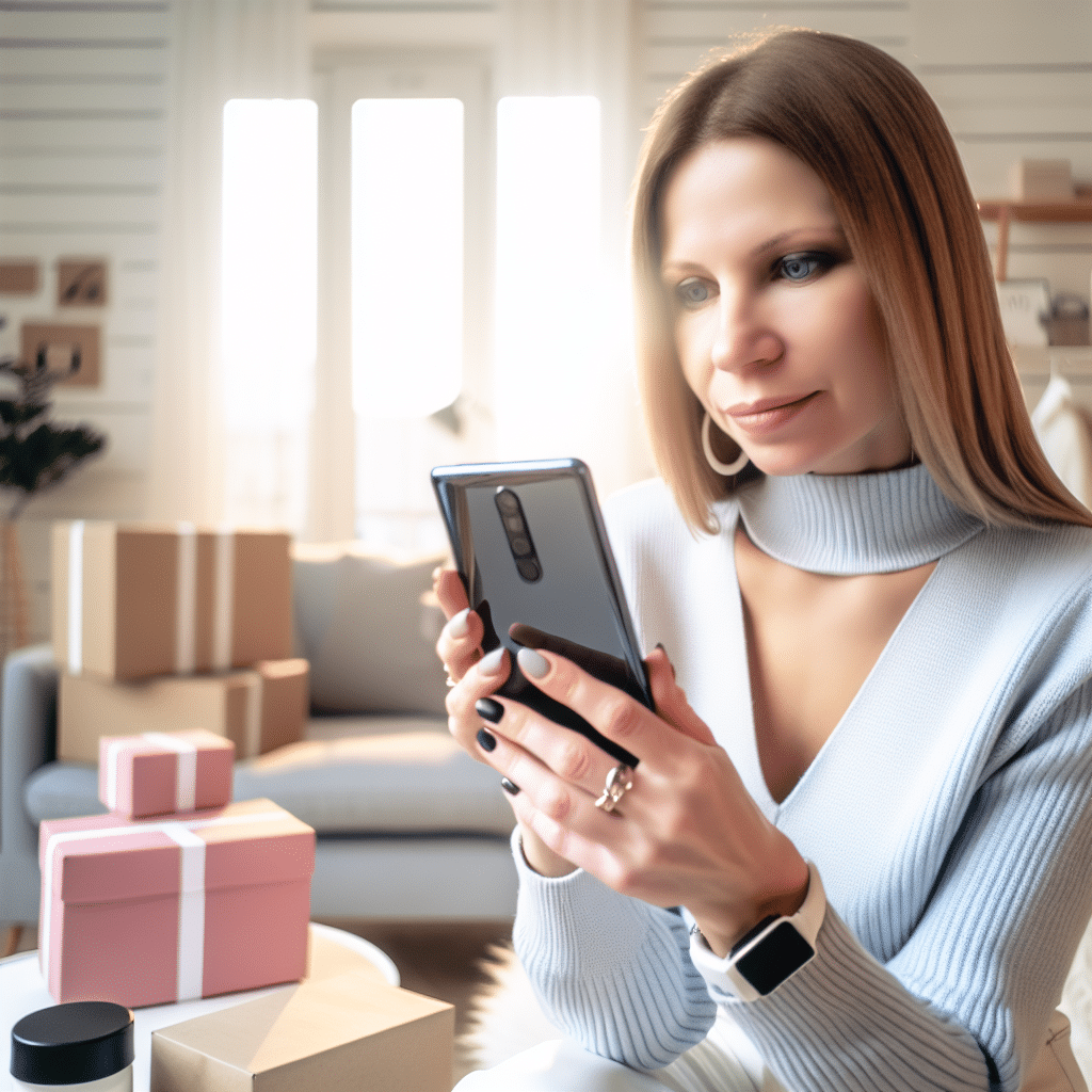 Visuel illustrant le concept de social commerce : une jeune femme effectue un achat instantané via une application mobile tout en scrollant sur un réseau social, entourée d’icônes d’interaction (likes, commentaires, partages) et de vignettes produits cliquables, représentant la fusion entre e-commerce, influence et expérience utilisateur sur les plateformes sociales – image optimisée pour les mots-clés "social commerce", "achat via réseaux sociaux", "expérience utilisateur e-commerce", "marketing digital".