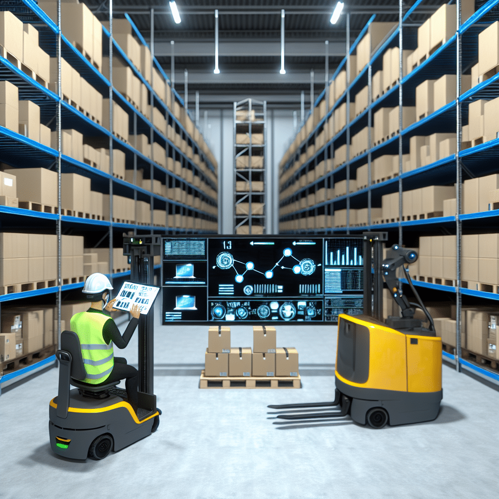 Illustration représentant une gestion optimisée du stock cyclique en entrepôt logistique moderne, avec des rayonnages organisés, flux de marchandises réguliers, et intégration d’outils numériques pour le suivi en temps réel — concept clé pour éviter les ruptures de stock, maîtriser les coûts et améliorer la performance logistique.