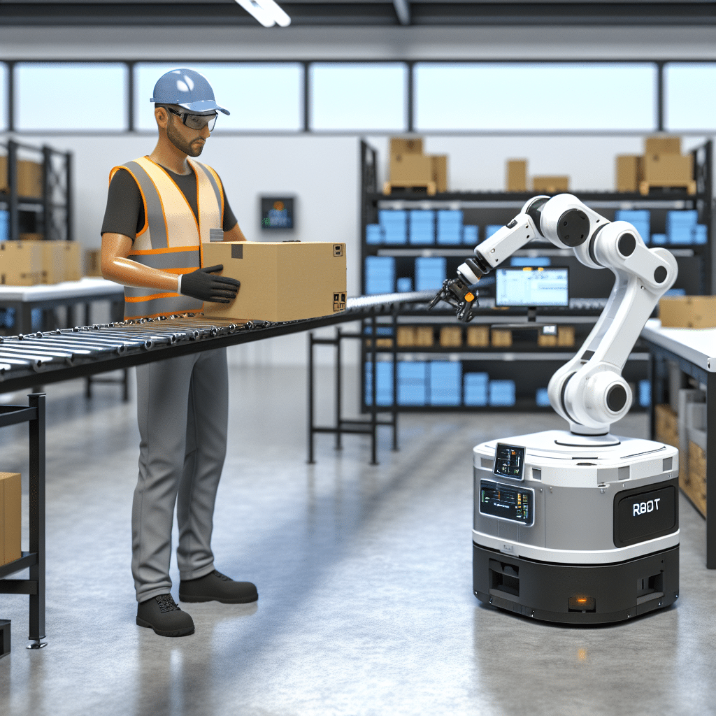 Cobots collaborant avec des opérateurs humains dans un entrepôt logistique moderne, illustrant l’automatisation intelligente et la transformation de la supply chain grâce à la cobotique – innovation technologique, amélioration des conditions de travail, sécurité renforcée et performance opérationnelle.
