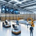 Visuel représentant un entrepôt logistique moderne automatisé avec des robots mobiles (AGV), des rayonnages intelligents et des opérateurs supervisant des écrans de contrôle, illustrant la transformation digitale, l’innovation technologique et l’optimisation de la supply chain en réponse aux enjeux économiques, environnementaux et commerciaux actuels.