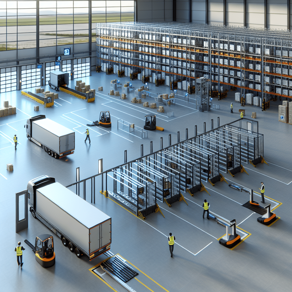 Vue intérieure d’un entrepôt logistique moderne avec répartition en zones fonctionnelles, illustrant les quais de chargement, la zone de réception avec équipements automatisés, des rayonnages de stockage high-tech et la signalisation dédiée, soulignant l’optimisation de l’espace, la fluidité des flux de marchandises, et l’intégration des technologies WMS et YMS pour une gestion logistique efficace.