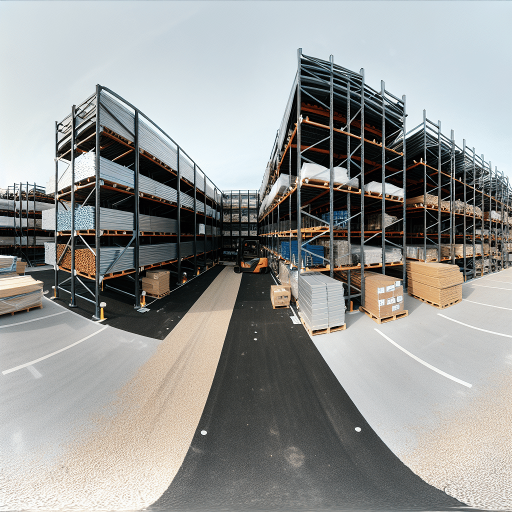 Vue d’un entrepôt de stockage extérieur avec rayonnages cantilever et racks à palettes en acier galvanisé, installés sur un sol stabilisé, accueillant des matériaux de construction et des marchandises palettisées, avec signalétique visible et zones de circulation pour engins de manutention – solution logistique durable et stratégique adaptée aux secteurs industriels comme la métallurgie, le bâtiment ou la sidérurgie.