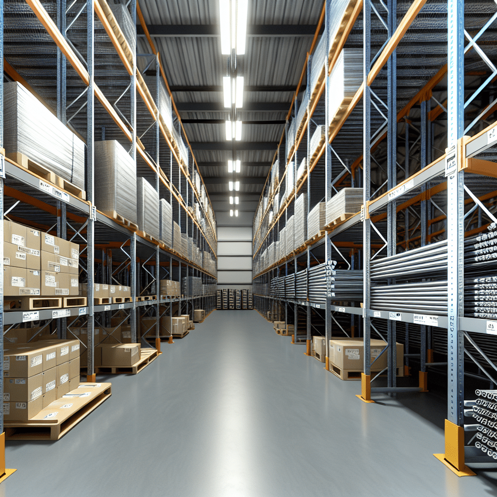 Vue d’un entrepôt logistique moderne avec différents types de rayonnages industriels adaptés aux charges lourdes, petits articles, objets longs et stockage extérieur, illustrant l’optimisation de l’espace en fonction des caractéristiques des marchandises — optimisation du stockage en entrepôt, choix de rayonnage industriel, logistique efficace, gestion des flux, sécurité et accessibilité des stocks.