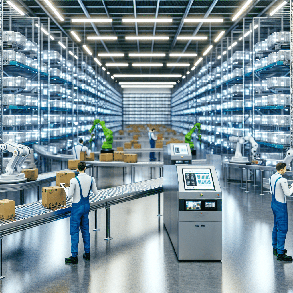Illustration d’un entrepôt logistique moderne intégrant des technologies d’automatisation et de digitalisation, avec systèmes de stockage optimisés, robots mobiles autonomes, opérateurs utilisant des solutions WMS pour la préparation de commandes, reflétant les enjeux de performance, d’agilité et de compétitivité logistique.
