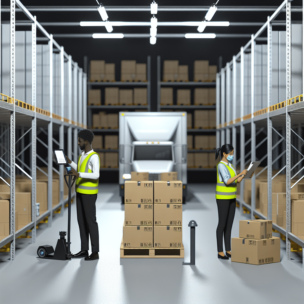 Illustration d’un entrepôt logistique moderne avec des colis en cours de préparation pour expédition, symbolisant la gestion optimisée du taux de service, la fiabilité des livraisons et la performance de la supply chain – concept clé pour améliorer la satisfaction client et la compétitivité des entreprises.