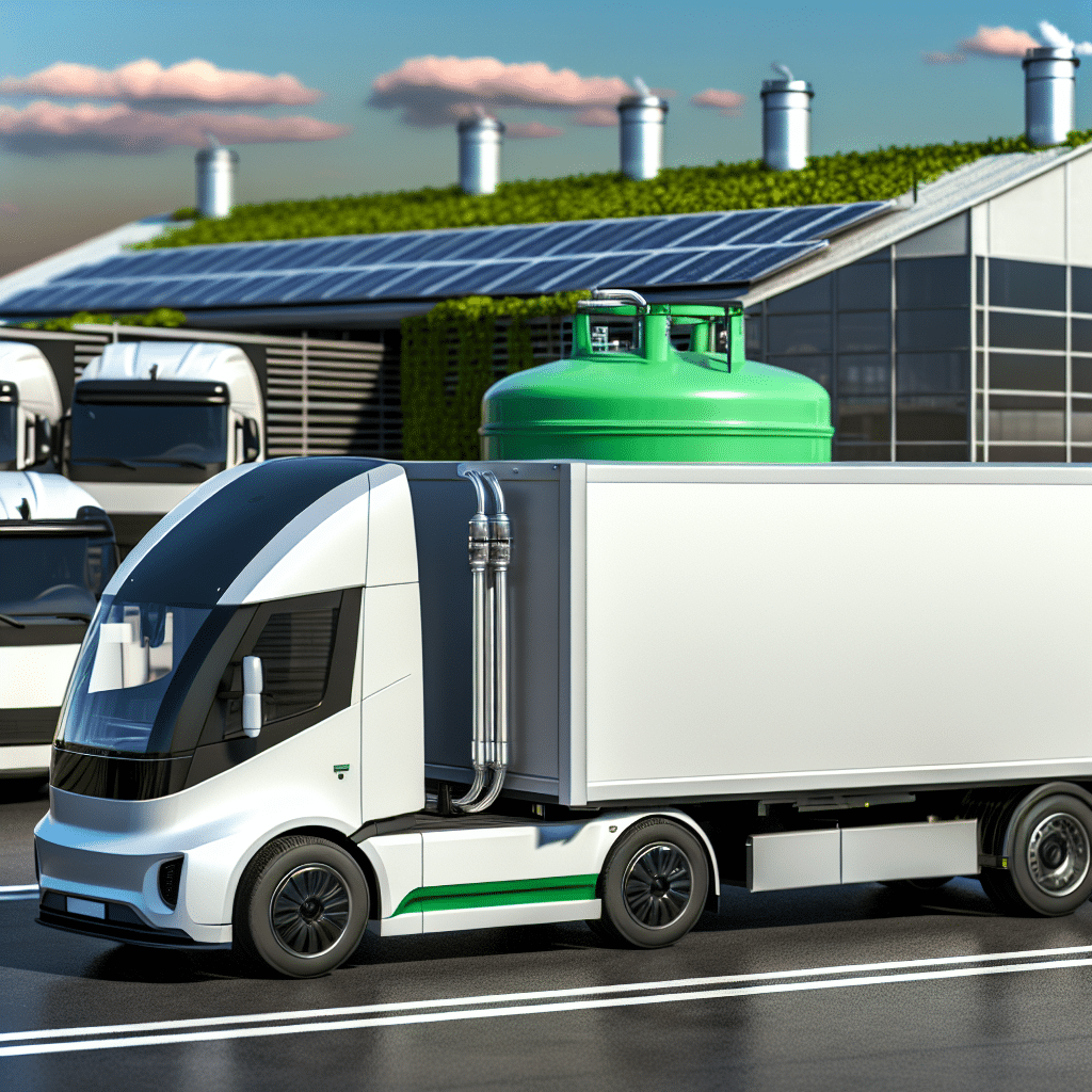 Illustration représentant un centre logistique moderne avec des camions propres (GNV, électriques et hydrogène), symbolisant la transition énergétique et la décarbonation du transport de marchandises ; mise en scène d’installations de recharge et de collaboration entre acteurs du secteur, avec en arrière-plan une ville dotée de zones à faibles émissions – image optimisée pour les mots-clés : décarbonation logistique, transport durable, transition énergétique, camions écologiques, ZFE, logistique verte.