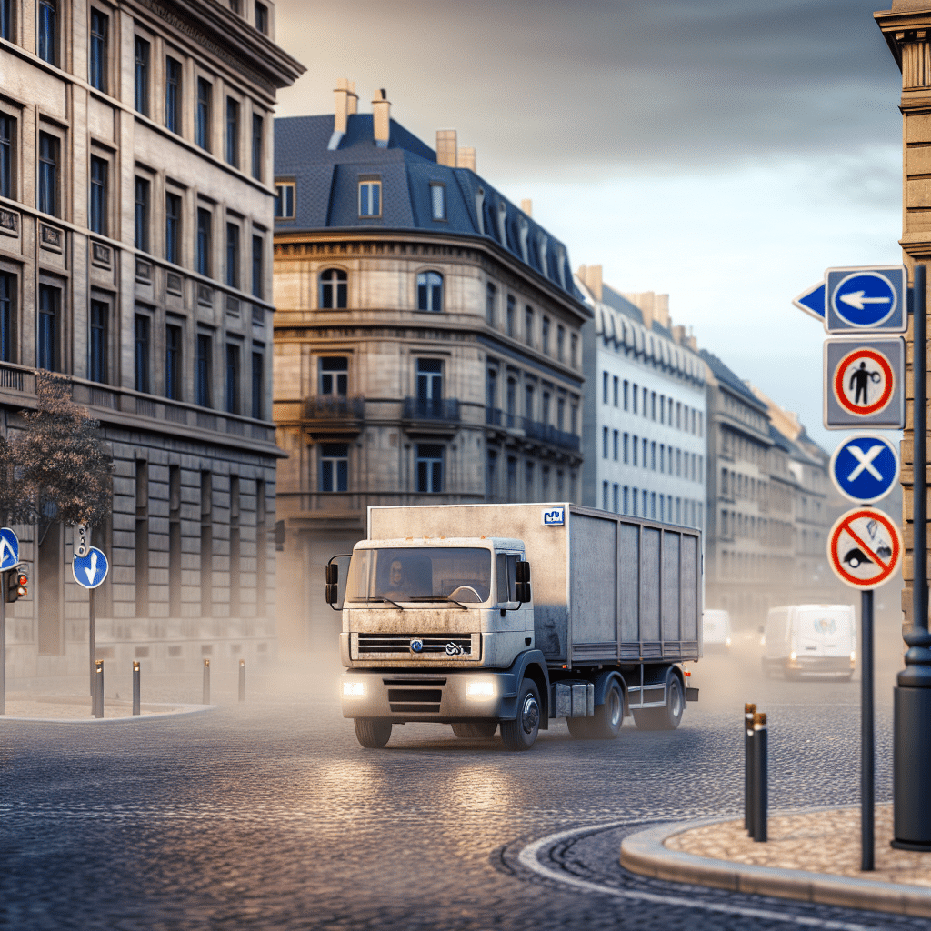 Illustration représentant une zone urbaine avec signalisation d’entrée de Zone à Faibles Émissions (ZFE), indiquant l’interdiction d’accès aux véhicules polluants, avec en arrière-plan un trafic composé de poids lourds, véhicules utilitaires et bus, soulignant l’impact environnemental du transport routier et les enjeux de la transition écologique en milieu urbain.