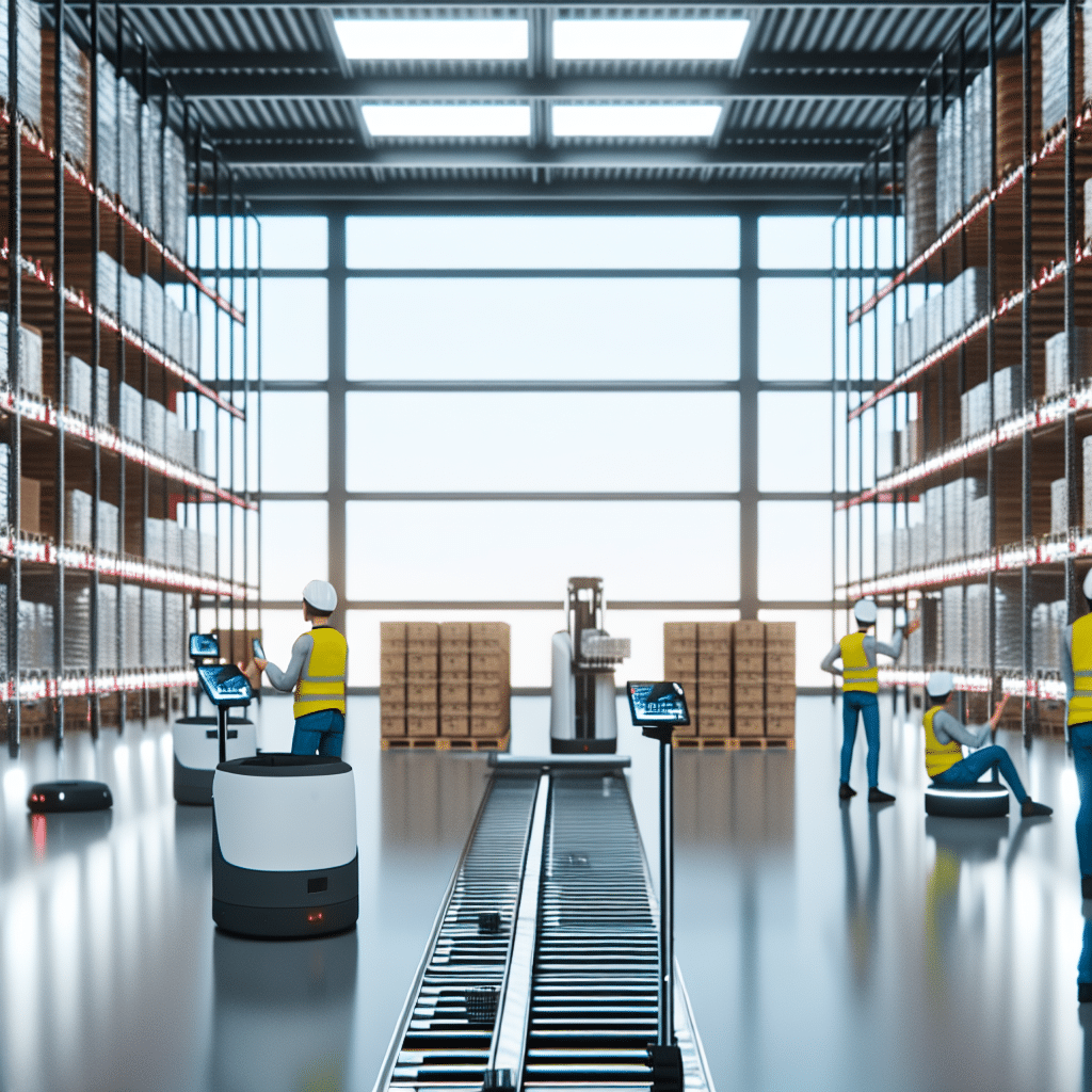 Illustration représentant une chaîne logistique automatisée et digitalisée avec entrepôt moderne, robots de manutention, écrans de suivi des données en temps réel et collaborateurs analysant les KPI logistiques, symbolisant l’efficience logistique, l’optimisation de la supply chain et la performance durable des entreprises – mots-clés SEO : efficience logistique, digitalisation supply chain, automatisation entrepôt, performance logistique, stratégie logistique entreprise.