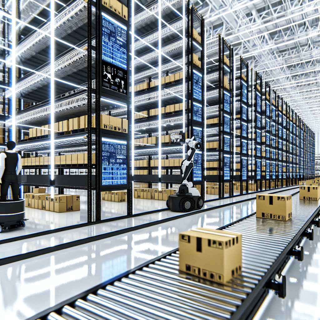 Illustration d’un entrepôt logistique omnicanal digitalisé, mettant en scène des robots de picking automatisés, des écrans affichant des stocks en temps réel et des opérateurs en interaction avec un système de gestion d’entrepôt (WMS), symbolisant la transformation numérique et l’agilité des infrastructures face aux défis de la logistique e-commerce multicanal.
