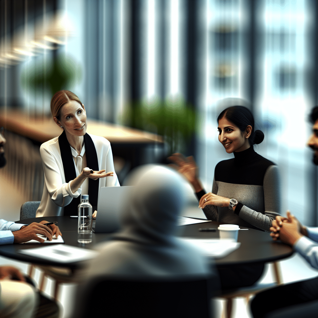 Illustration d’un projet de transformation d’entreprise avec des collaborateurs en réunion, échangeant autour de supports numériques et de schémas de processus, incarnant l’accompagnement du changement, la conduite stratégique et l’adoption des nouvelles pratiques professionnelles dans un environnement agile et collaboratif.